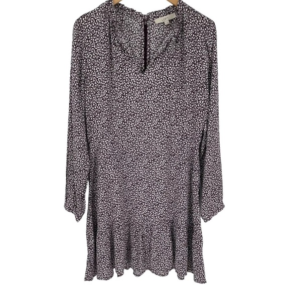 Loft Vine Ruffle Tie Neck Dress Knee Length Long Sleeves Purple Women Size 2 - Picture 1 of 6